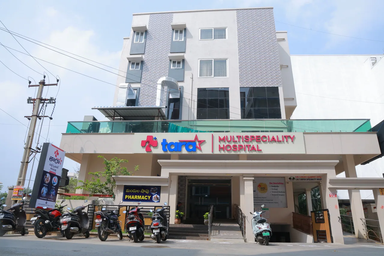 Daytime front view of Tara Multispeciality Hospital building in Tirupati